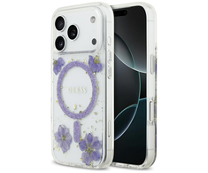GUESS dėklas IPHONE 17 Pro, suderinamas su MagSafe GUHMP17LRBFGFGMU (dervos gėlės ir blizgučiai), violetinė