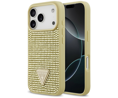 Dėklas Guess Rhinestone Triangle Logo skirtas Apple iPhone 17 Pro aukso spalvos
