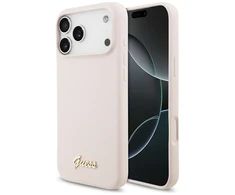 Dėklas Guess Silicone Script Metal Logo MagSafe skirtas Apple iPhone 17 Pro Max rožinės spalvos