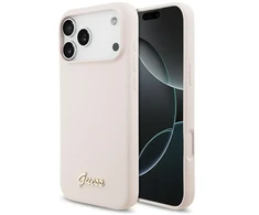 Dėklas Guess Silicone Script Metal Logo MagSafe skirtas Apple iPhone 17 Pro Max rožinės spalvos
