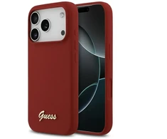 Dėklas Guess Silicone Script Metal Logo MagSafe skirtas Apple iPhone 17 Pro magenta
