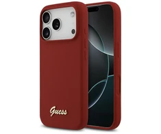 Dėklas Guess Silicone Script Metal Logo MagSafe skirtas Apple iPhone 17 Pro magenta
