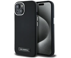 Originalus Dėklas Karl Lagerfeld FW Metal Plate MagSafe skirtas Apple iPhone 15 juodos spalvos