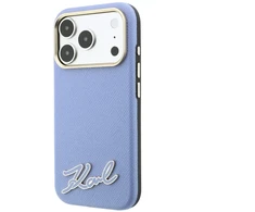 Dėklas Karl Lagerfeld Grained with Resin Signature Logo MagSafe, skirtas iPhone 18 Pro / 17 Pro, šviesiai mėlynas
