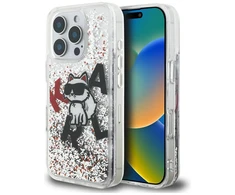 Karl Lagerfeld Liquid Blizgučiais puoštas „Choupette“ logotipo dėklas, skirtas iPhone 16 Pro – skaidrus