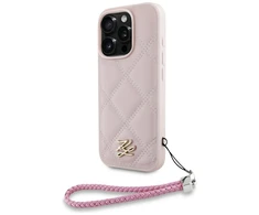 Dėklas Karl Lagerfeld dygsniuotas inicialų logotipas ir grandinėlės formos dirželis iPhone 16 Pro telefonui - Rožinė