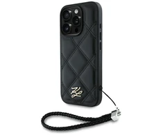 Dėklas Karl Lagerfeld dygsniuotas inicialų logotipas ir grandinėlės formos dirželis iPhone 16 Pro telefonui - Juodas