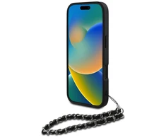 Dėklas Karl Lagerfeld Karlo Lagerfeldo Saffiano kristalai su grandine „iPhone 16 Pro Max“ dėklu – Juodas