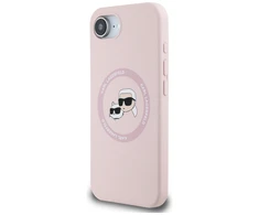 Karl Lagerfeld dėklas skirtas Apple iPhone 16e (SE 4 2025) suderinamas su MagSafe KLHMPSE4SKCHTCP (Silicone Double Heads) rožinės spalvos