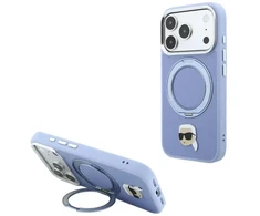 Dėklas Karl Lagerfeld su žiediniu stovu 360 Karl Head Pin MagSafe, skirtas iPhone 18 Pro / 17 Pro, šviesiai mėlynas