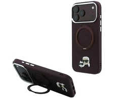 Dėklas Karl Lagerfeld with Ring Stand 360 Karl &amp; Choupette Heads Pin MagSafe do iPhone 18 Pro / 17 Pro bordo spalvos