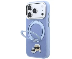 Dėklas Karl Lagerfeld with Ring Stand 360 Karl &amp; Choupette Heads Pin MagSafe do iPhone 18 Pro Max / 17 Pro Max Šviesiai mėlynas