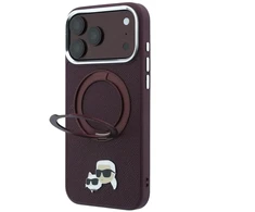 Dėklas Karl Lagerfeld with Ring Stand 360 Karl &amp; Choupette Heads Pin MagSafe do iPhone 18 Pro / 17 Pro bordo spalvos