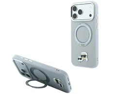 Dėklas Karl Lagerfeld with Ring Stand 360 Karl &amp; Choupette Heads Pin MagSafe Case for iPhone 18 Pro / 17 Pro - Gray