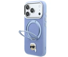Dėklas Karl Lagerfeld su žiediniu stovu 360 Karl Head Pin MagSafe, skirtas iPhone 18 Pro / 17 Pro, šviesiai mėlynas
