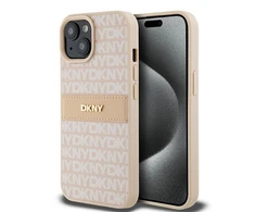 Apple iPhone 15 plus / 14 plus DKNY dėklas odinis Mono Stripe &amp; Metal Logo (DKHCP15MPRTHSLP) rožinės spalvos