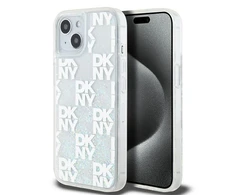Apple iPhone 13 / 14 / 15 DKNY dėklas Liquid Glitter Multilogo (DKHCP15SLCPEPT) baltos spalvos