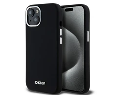 Apple iPhone 13 / 14 / 15 DKNY dėklas Liquid Silicone Small Metal Logo MagSafe (DKHMP14SSMCHLK) juodos spalvos
