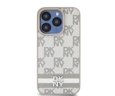 DKNY PU Leather Checkered Pattern and Stripe dėklas telefonui Apple iPhone 13 Pro Max rusvai gelsvas