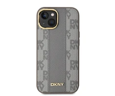 DKNY PU Leather Checkered Pattern Magsafe dėklas telefonui Apple iPhone 15 rusvai gelsvas