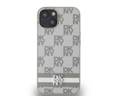 DKNY PU Leather Checkered Pattern and Stripe dėklas telefonui Apple iPhone 14 rusvai gelsvas