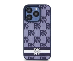 DKNY PU Leather Checkered Pattern and Stripe dėklas telefonui Apple iPhone 15 Pro mėlynos spalvos