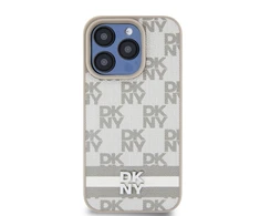 DKNY PU Leather Checkered Pattern and Stripe dėklas telefonui Apple iPhone 13 Pro rusvai gelsvas