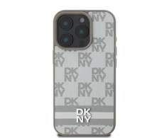 Dėklas DKNY PU odos languotų raštų ir juostelių Apple iPhone 16 Pro rusvai gelsvas