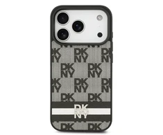 DKNY PU Leather Checkered Pattern and Stripe dėklas skirtas Apple iPhone 17 Pro juodos spalvos