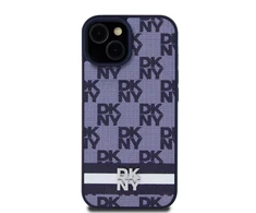 DKNY PU Leather Checkered Pattern and Stripe dėklas telefonui Apple iPhone 15 mėlynos spalvos