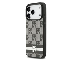 DKNY PU Leather Checkered Pattern and Stripe dėklas skirtas Apple iPhone 17 Pro juodos spalvos