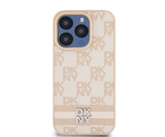 DKNY PU Leather Checkered Pattern and Stripe dėklas telefonui Apple iPhone 13 Pro Max rožinės spalvos