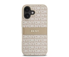 DKNY PU Leather Repeat Pattern Tonal Stripe Apple iPhone 16 Plus dėklas telefonui rožinės spalvos
