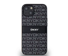 DKNY DKHCP14SPRTHSLK Apple iPhone 14 15 13 6.1″ juodos spalvos kietas dėklas Leather Mono Stripe & Metal Logo