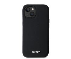 DKNY PU Leather Sidabrinis Metal Logo Magsafe dėklas telefonui Apple iPhone 15 juodos spalvos
