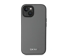 DKNY PU Leather Sidabrinis Metal Logo Magsafe dėklas telefonui Apple iPhone 14 pilkos spalvos