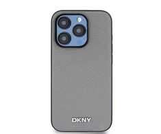 DKNY PU Leather Sidabrinis Metal Logo Magsafe dėklas telefonui Apple iPhone 14 Pro pilkos spalvos