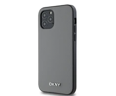 DKNY PU odos dėklas su sidabrinės spalvos metaliniu logotipu ir MagSafe funkcija, skirtas iPhone 12/12 Pro, pilkos spalvos