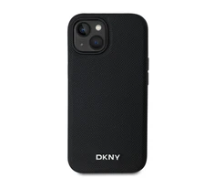DKNY PU Leather Sidabrinis Metal Logo Magsafe dėklas telefonui Apple iPhone 13 juodos spalvos