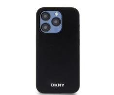 DKNY PU Leather Sidabrinis Metal Logo Magsafe dėklas telefonui Apple iPhone 15 Pro juodos spalvos