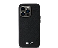 DKNY PU Leather Sidabrinis Metal Logo Magsafe dėklas telefonui Apple iPhone 14 Pro juodos spalvos