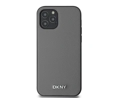 DKNY PU Leather Sidabrinis Metal Logo Magsafe dėklas telefonui Apple iPhone 12/12 Pro pilkos spalvos