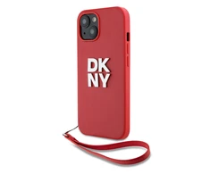 DKNY PU Leather Stack Logo Wrist Strap dėklas skirtas Apple iPhone 14 raudonos spalvos