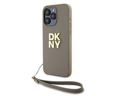 DKNY PU Leather Stack Logo Wrist Strap dėklas telefonui Apple iPhone 14 Pro Max rusvai gelsvas