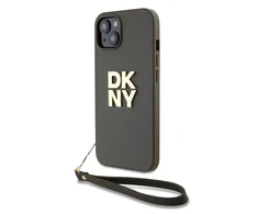 DKNY PU Leather Stack Logo Wrist Strap dėklas telefonui Apple iPhone 13 rudos spalvos