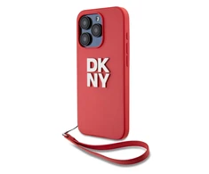DKNY PU Leather Stack Logo Wrist Strap dėklas telefonui Apple iPhone 15 Pro raudonos spalvos