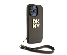 DKNY PU Leather Stack Logo Wrist Strap dėklas telefonui Apple iPhone 14 Pro rudos spalvos