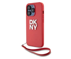 DKNY PU Leather Stack Logo Wrist Strap dėklas telefonui Apple iPhone 14 Pro raudonos spalvos