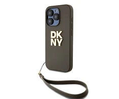 DKNY PU Leather Stack Logo Wrist Strap dėklas telefonui Apple iPhone 14 Pro Max rudos spalvos