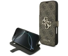 Guess Book 4G Metal Logo dėklas skirtas Apple iPhone 17 Pro rudos spalvos